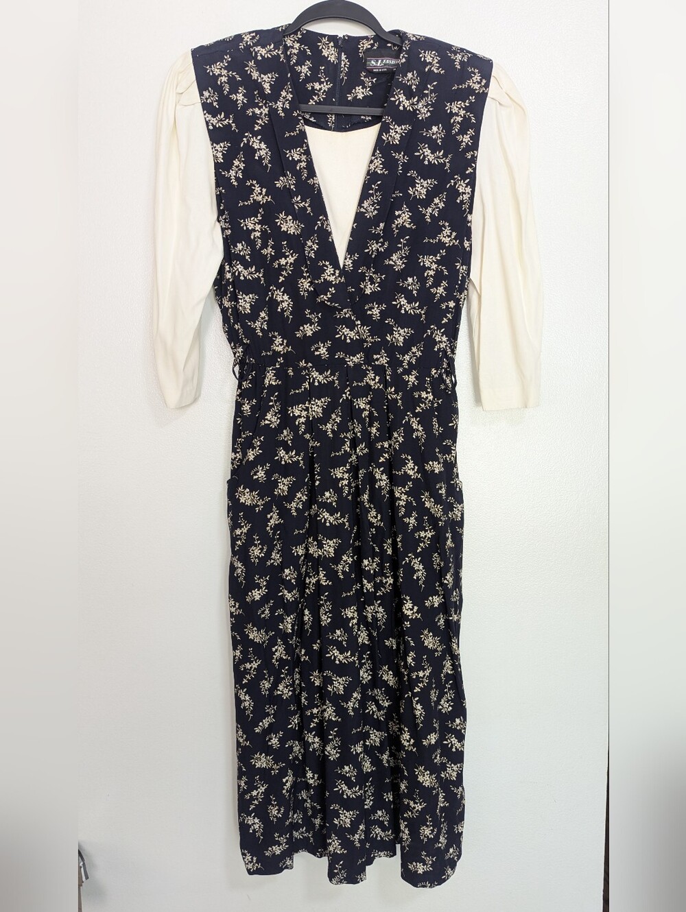 Vintage S.L. Fashions‎ Ditsy Floral Mock Layered Pinafore Midi Dress Navy Cream